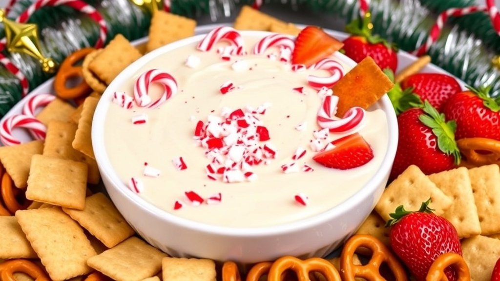 A bowl of Candy Cane Cheesecake Dip with crushed candy canes, surrounded by graham crackers and pretzels, on a festive table.