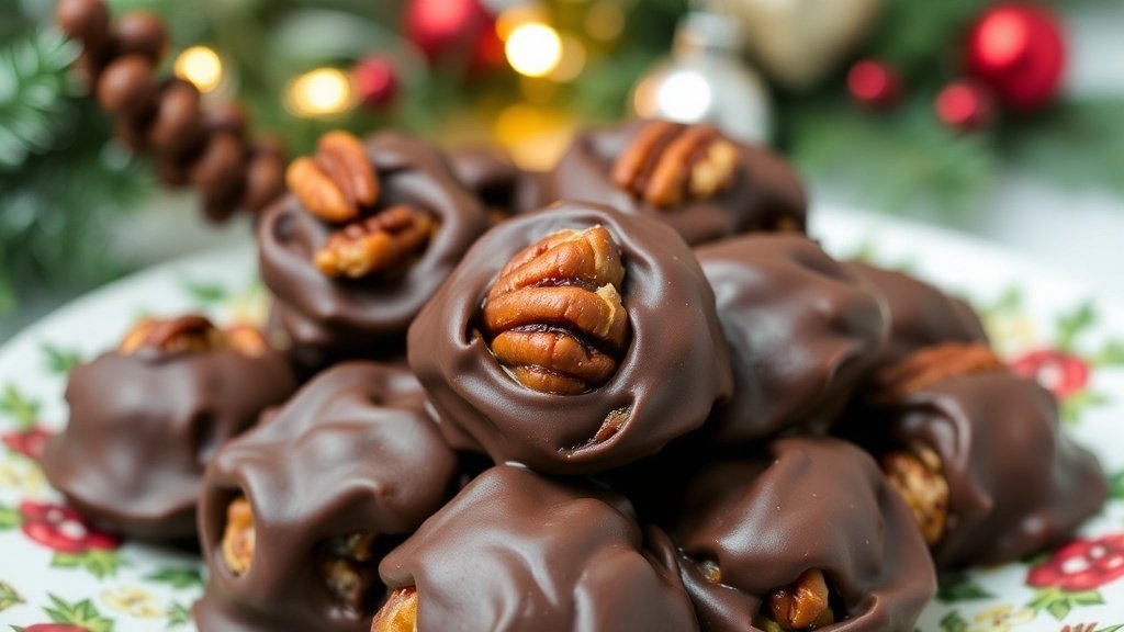 Chocolate caramel pecan clusters on a festive plate with holiday decorations.