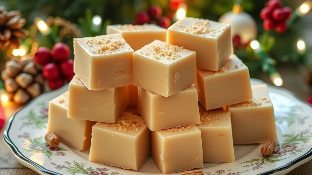 Squares of eggnog fudge sprinkled with nutmeg on a decorative plate, surrounded by holiday decorations.