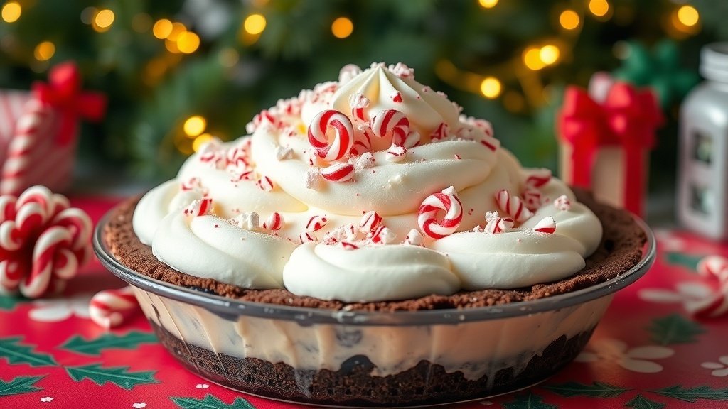Chocolate Peppermint Ice Cream Pie with whipped cream and candy canes on a holiday table.