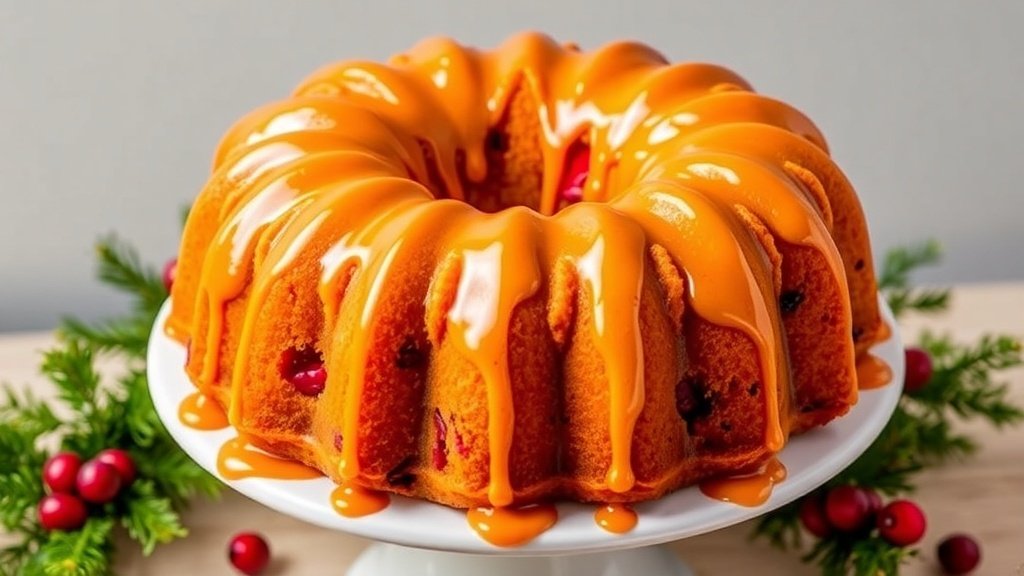 Frosted Cranberry Bundt Cake on a white stand, decorated with cranberries and evergreen, perfect for Christmas.