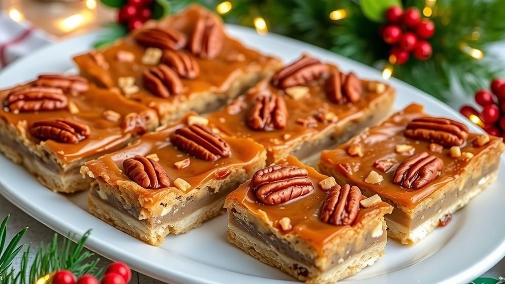 Pecan praline bars on a festive plate, garnished with pecans, perfect for Christmas desserts.