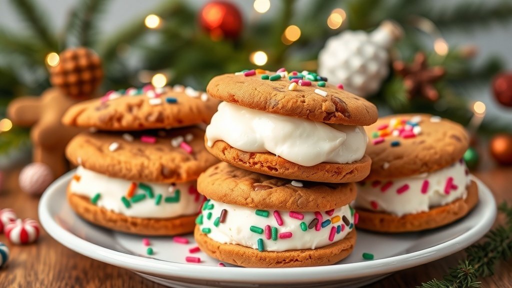 Gingerbread ice cream sandwiches on a festive plate, decorated with sprinkles, surrounded by holiday decorations.