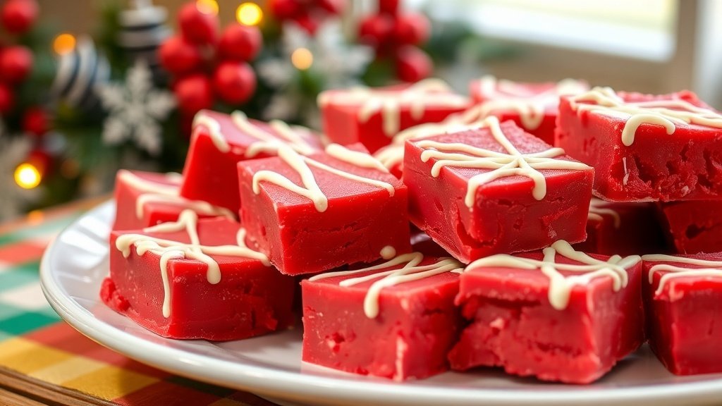 Red velvet fudge squares drizzled with white chocolate on a festive plate.