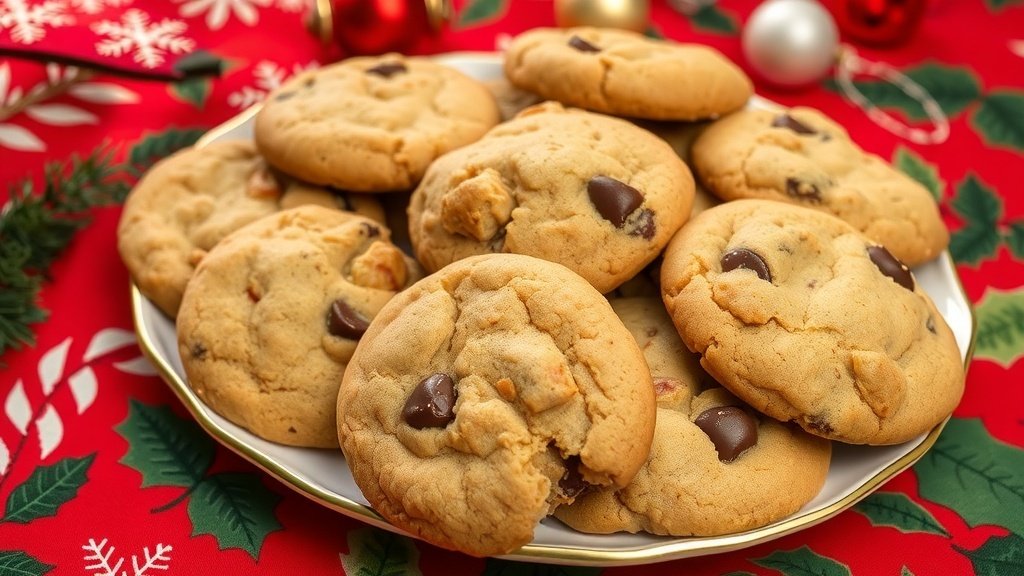A plate of chewy brown sugar toffee cookies with toffee bits and chocolate chips, set on a festive tablecloth.