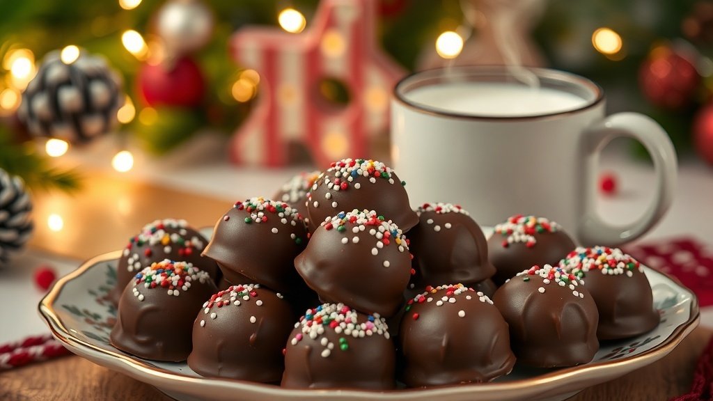 A plate of chocolate hot cocoa bombs with sprinkles, next to a cup of hot milk, set in a festive holiday scene.