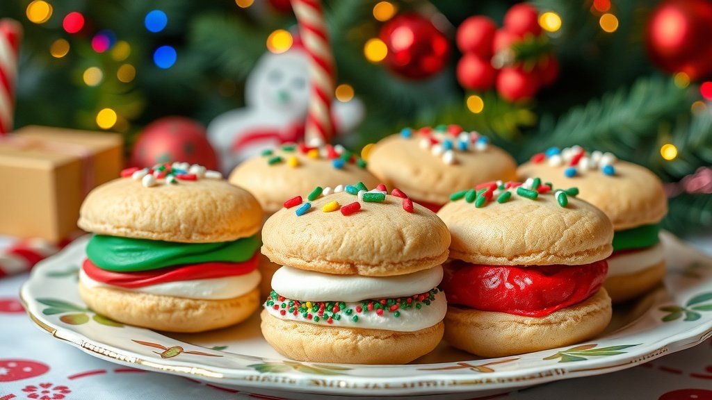 Colorful Christmas cookie sandwiches filled with frosting and decorated with sprinkles on a festive plate.