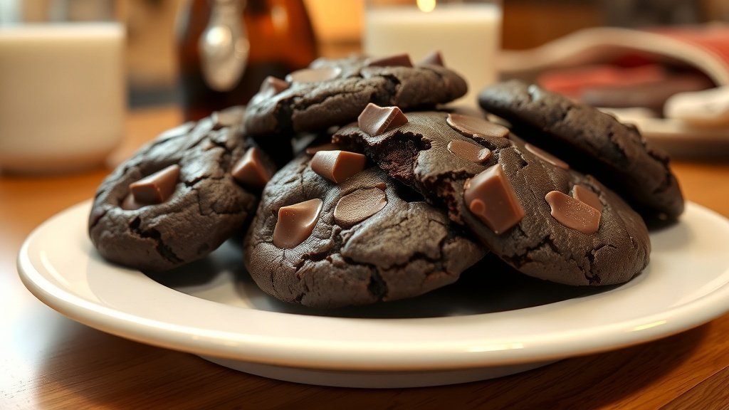 A plate of double chocolate chunk cookies with chocolate chunks, served with a glass of milk.