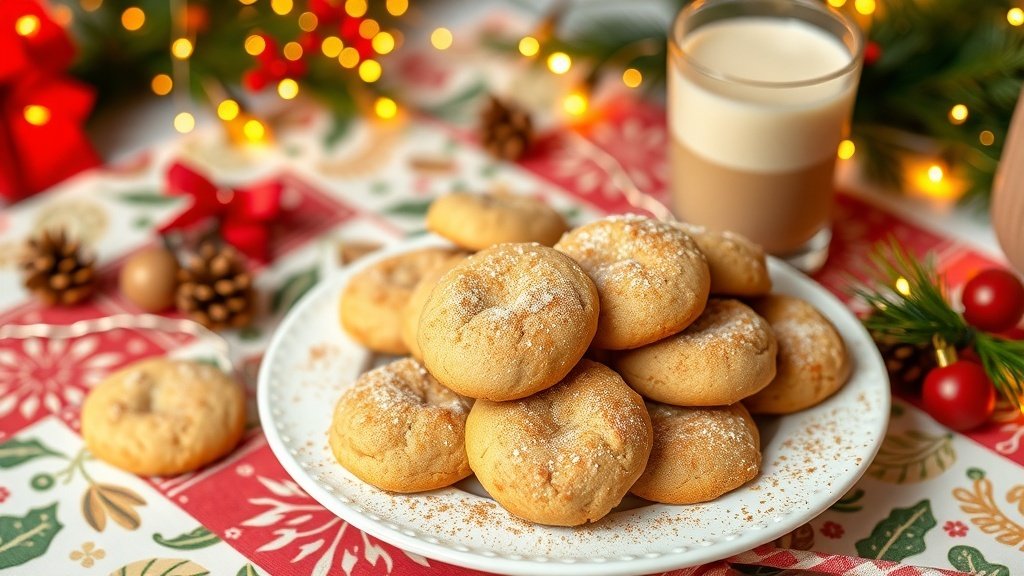A plate of Eggnog Snickerdoodles cookies dusted with cinnamon sugar, with a glass of eggnog and holiday decorations.