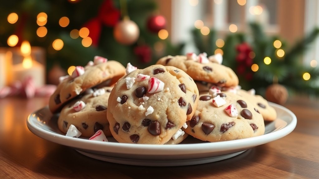 A festive plate of Peppermint Chocolate Chip Cookies with chocolate chips and crushed peppermint, set in a holiday-themed background.