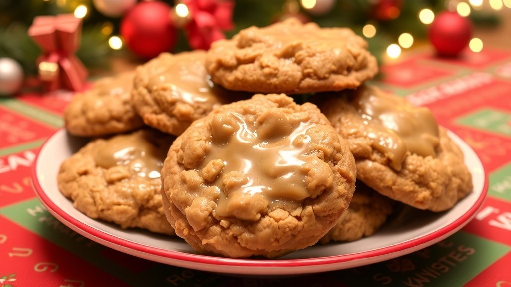 A festive plate of maple glazed oatmeal cookies on a holiday table with Christmas decorations.