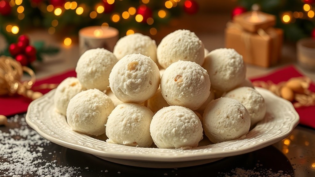 A festive plate of Coconut Macadamia Snowballs dusted with powdered sugar, surrounded by holiday decorations.