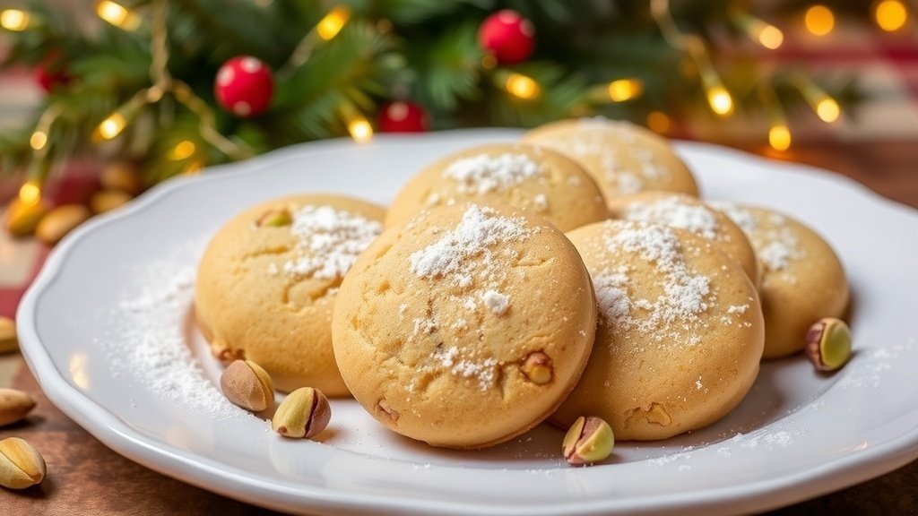 A plate of golden pistachio shortbread cookies dusted with powdered sugar, surrounded by pistachios and holiday decorations.