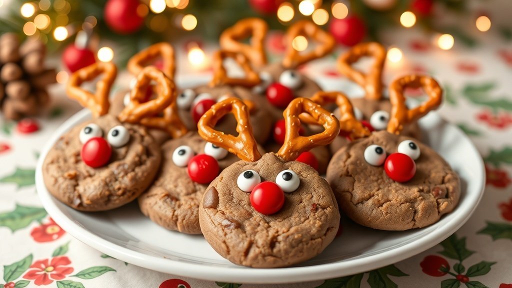 A plate of decorated reindeer cookies with pretzel antlers and red M&M noses, set against a festive holiday backdrop.