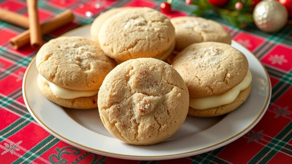 A festive plate of Snickerdoodle Sandwich Cookies with frosting, decorated for Christmas.