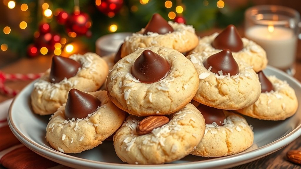 A plate of Almond Joy Cookies with chocolate chips, coconut, and almonds, set in a festive holiday setting.