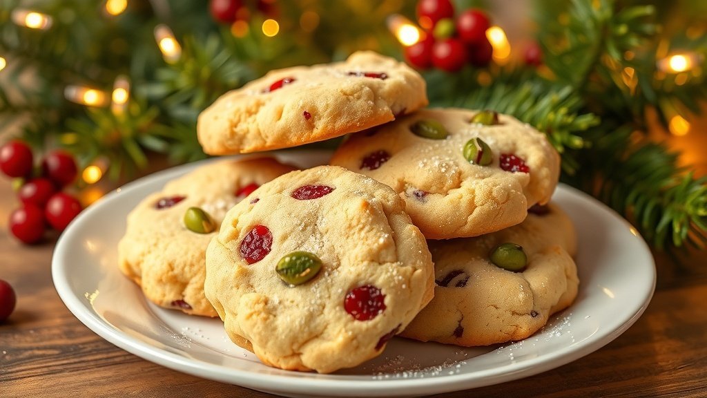 A festive plate of cranberry pistachio shortbread cookies with holiday decorations in the background.