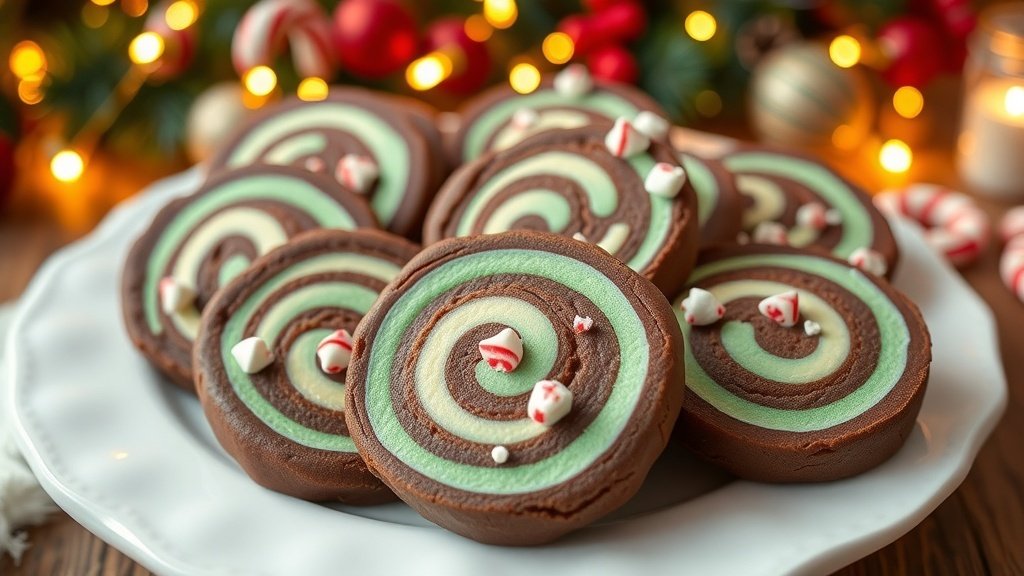 A plate of colorful Chocolate Peppermint Pinwheel Cookies with crushed peppermint on top, set against a festive holiday backdrop.