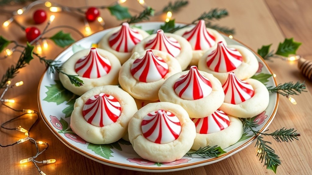 A plate of Candy Cane Kiss Cookies with red and white striped kisses on top, set against a festive holiday backdrop.