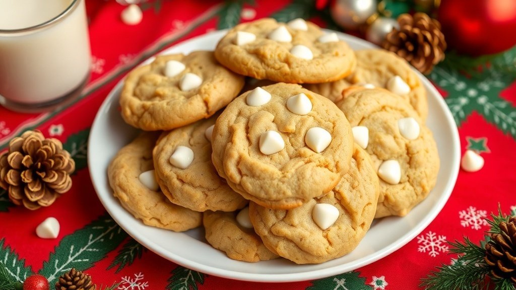 A plate of golden brown White Chocolate Chai Cookies with white chocolate chips, decorated for Christmas.