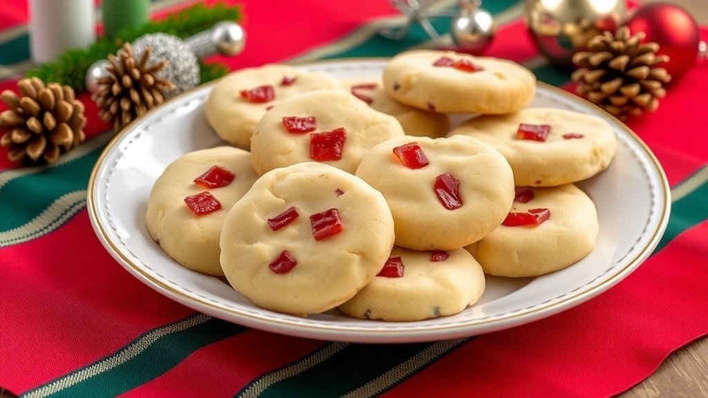 Maple Bacon Shortbread Cookies on a festive plate with holiday decorations.