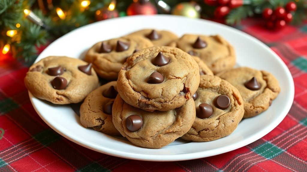 A festive plate of Chocolate Chip Gingerbread Cookies with chocolate chips, set against a holiday-themed background.