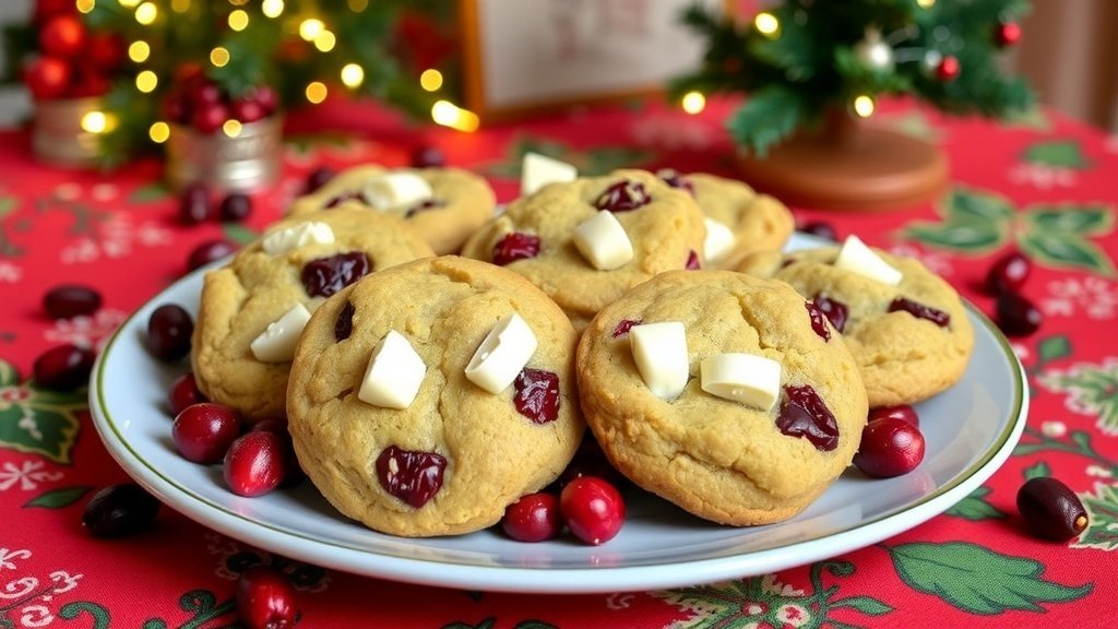 A plate of golden-brown Cranberry White Chocolate Blondie Cookies with cranberries and white chocolate chunks, set on a festive table.