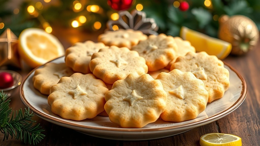 A festive plate of lemon poppy seed shortbread cookies with lemon slices and poppy seeds, set in a holiday-themed background.