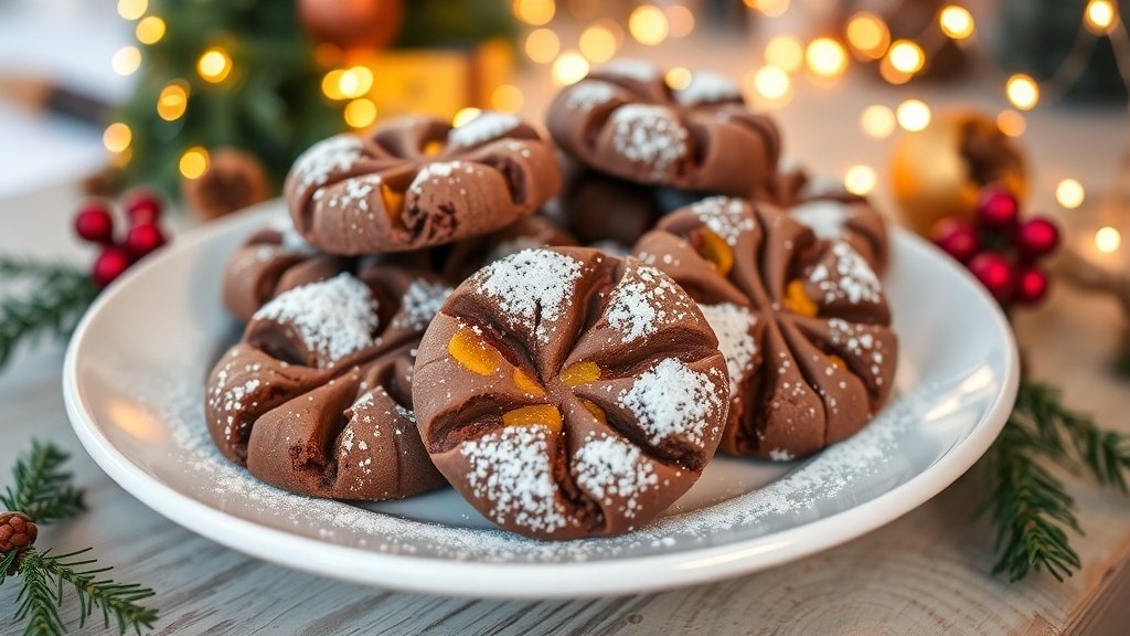 A festive plate of Chocolate Orange Shortbread Cookies dusted with powdered sugar, set in a holiday-themed background.