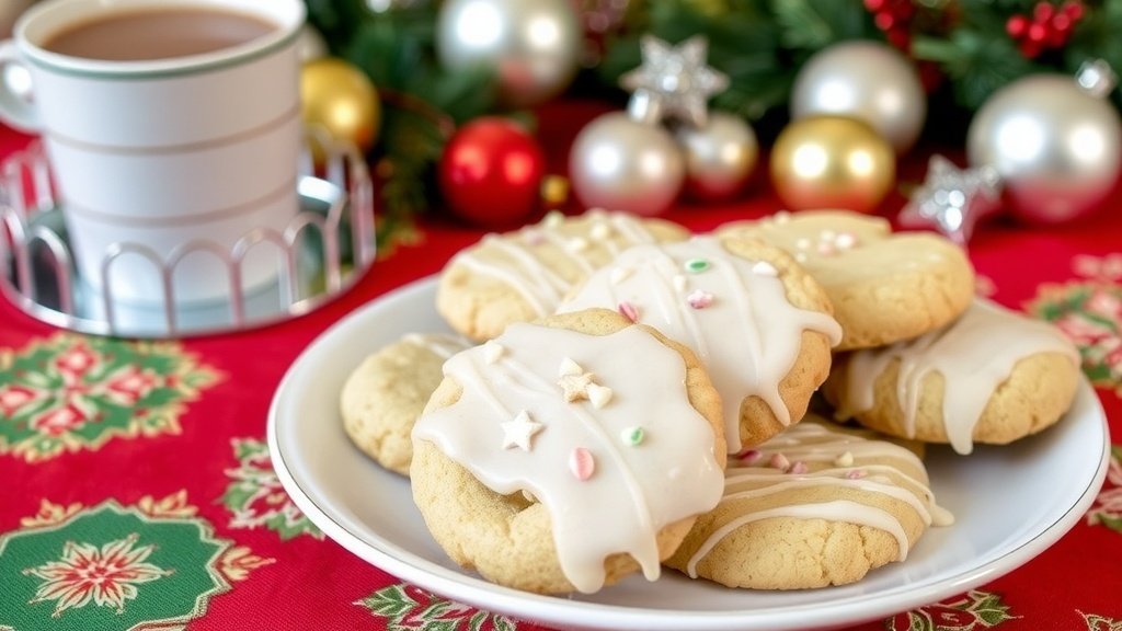 Iced almond butter cookies on a festive table with Christmas decorations.