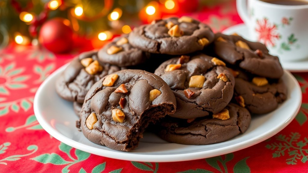A plate of Mocha Toffee Crunch Cookies with toffee bits, set on a festive tablecloth.