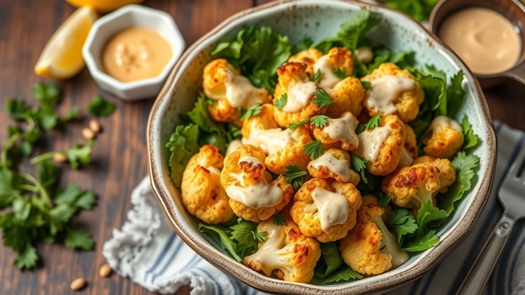 Roasted cauliflower salad with tahini drizzle on mixed greens, garnished with parsley, on a rustic wooden table.