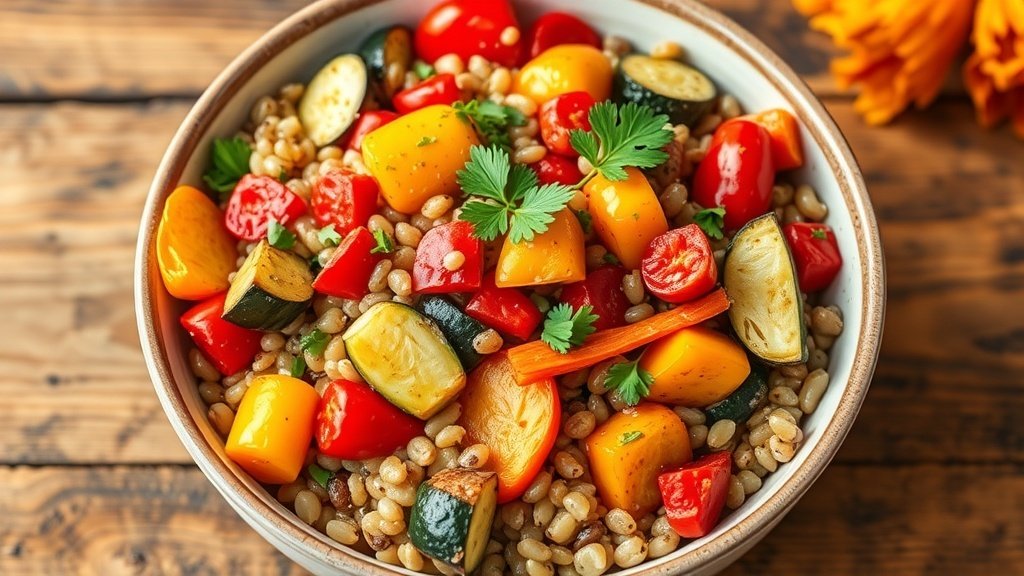 Warm barley salad with roasted vegetables in a bowl, garnished with parsley on a rustic table.