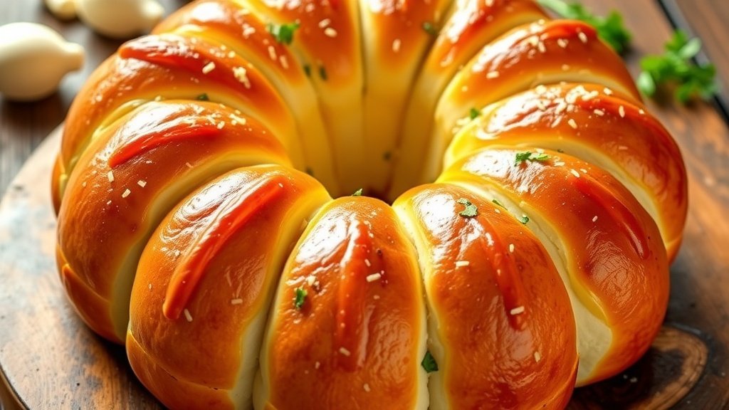 Garlic Parmesan Pull-Apart Bread Recipe Golden Garlic Parmesan Pull-Apart Bread in a bundt shape, garnished with parsley, on a wooden table.