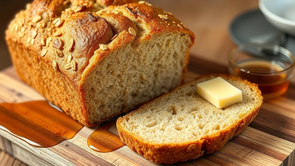 Maple Oat Bread Recipe Freshly baked maple oat bread loaf sliced on a wooden board with butter and maple syrup.
