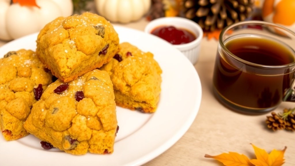 Pumpkin and Cranberry Scones Recipe Pumpkin and cranberry scones on a plate with cranberry sauce and coffee, set in a cozy kitchen.