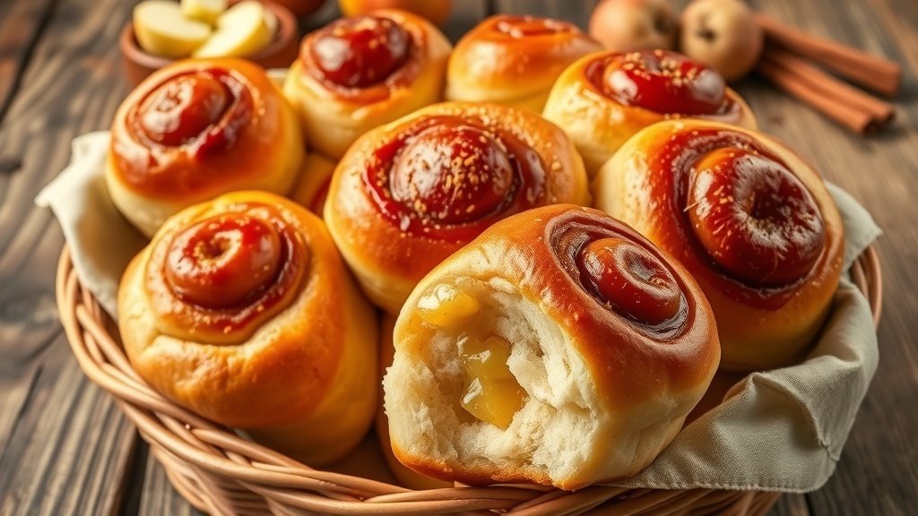 Apple Cinnamon Dinner Rolls Recipe A basket of soft apple cinnamon dinner rolls, golden brown, with apple filling, on a rustic table.