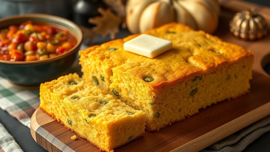 Spicy Jalapeño Cheddar Cornbread Recipe Golden jalapeño cheddar cornbread on a wooden board, with butter melting on top, served with chili.