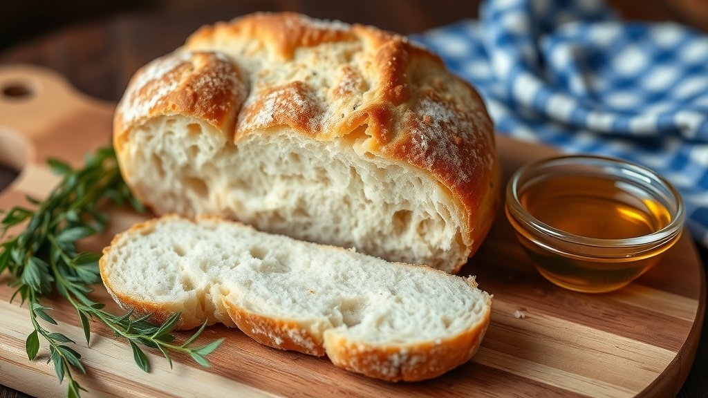 Rustic Country Loaf Recipe A freshly baked rustic country loaf with a crispy crust and soft interior, served on a wooden board with herbs and olive oil.