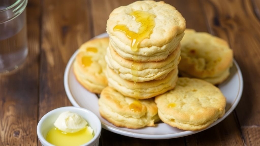 Fluffy Buttermilk Biscuits with Honey Butter Recipe Golden-brown buttermilk biscuits on a plate with honey butter, set on a rustic wooden table.