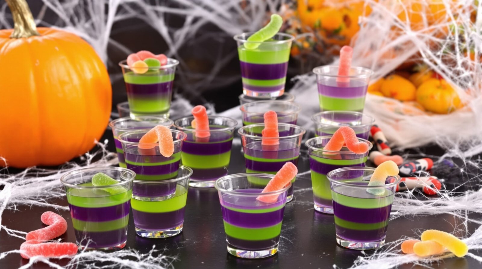 Colorful Witch’s Brew Jello Shots with gummy worms, perfect for Halloween.
