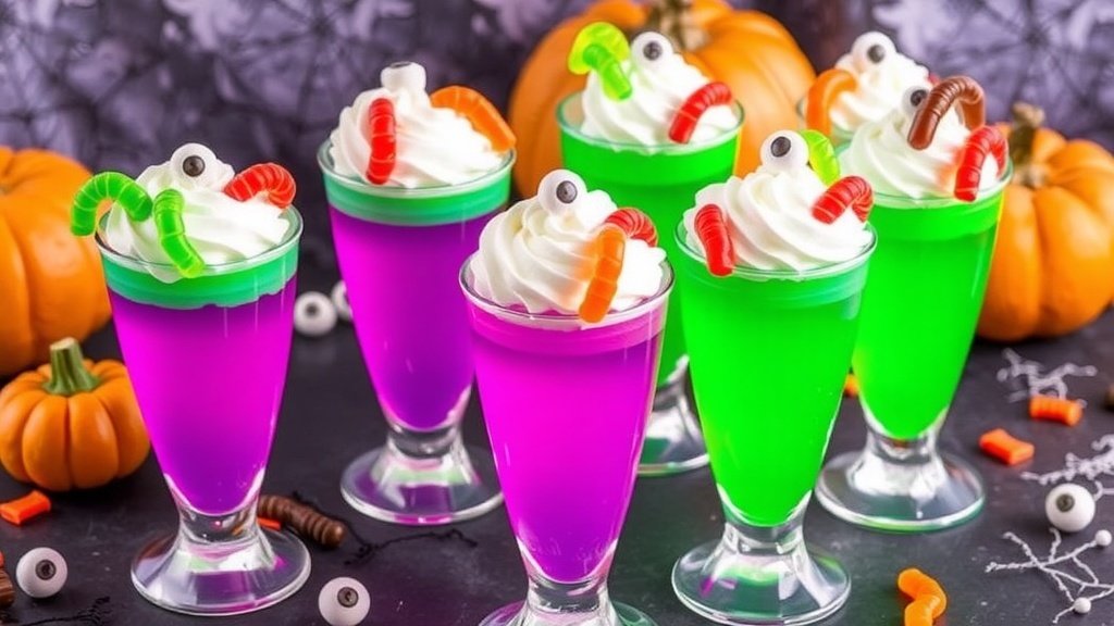 Colorful Zombie Slime Shooters with green and purple jello, topped with whipped cream and gummy worms, on a Halloween-themed table.
