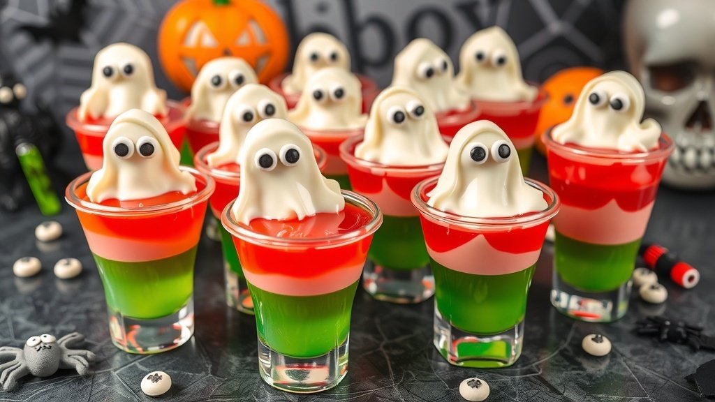 Ghostly white chocolate jello shots with candy eyes on a Halloween-themed table.