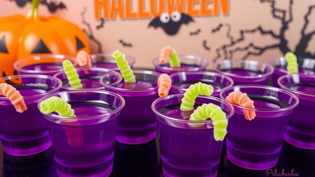 Colorful grape jello shots with gummy worms in plastic cups, ideal for Halloween celebrations.