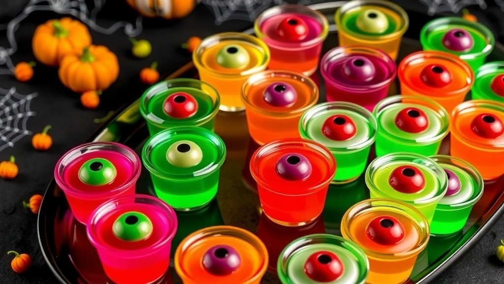 A platter of spooky Eyeball Vodka Jigglers with candy eyeballs, perfect for Halloween.
