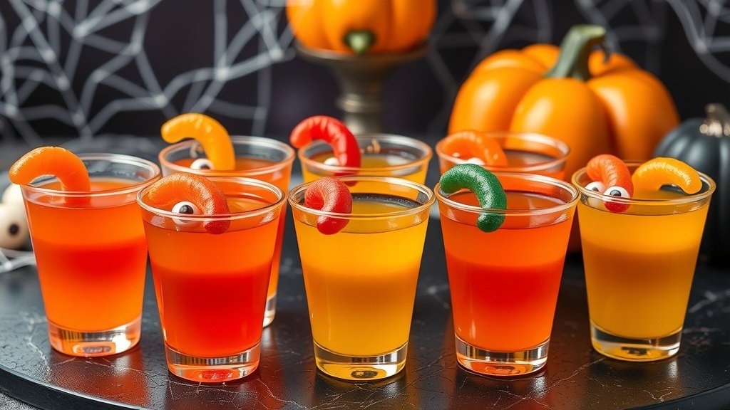 Colorful Halloween jello shots in clear cups, garnished with gummy worms and candy eyeballs, on a dark Halloween-themed table.