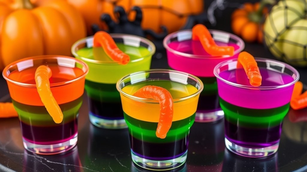 Colorful Halloween jello shots in cups with gummy worms, surrounded by Halloween decorations.