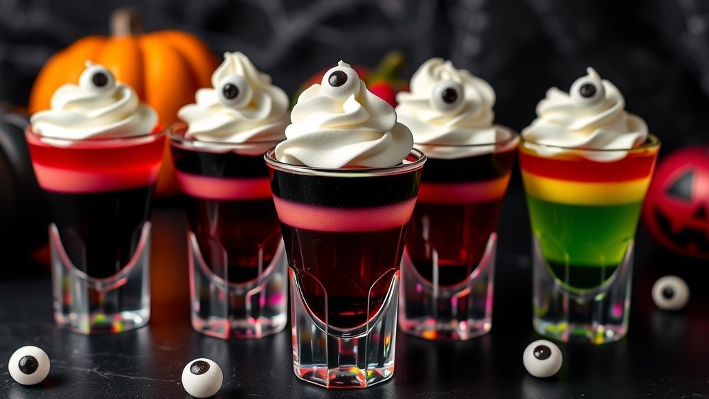 Colorful Halloween jello shots layered in shot glasses, topped with whipped cream and candy eyeballs.