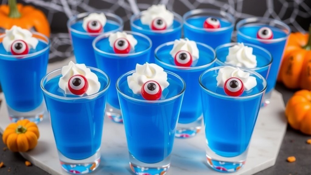 Boo-Berry Blast Shots with blue raspberry jello, whipped cream, and gummy eyeballs, set against a Halloween backdrop.