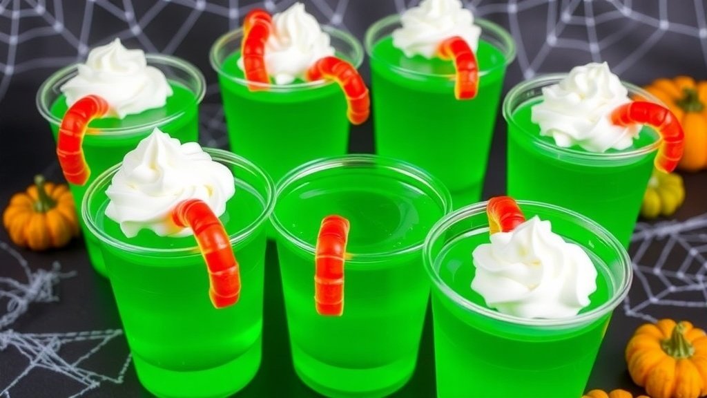Toxic Swamp Jello Cups with green jello, whipped cream, and gummy worms, set against a Halloween backdrop.